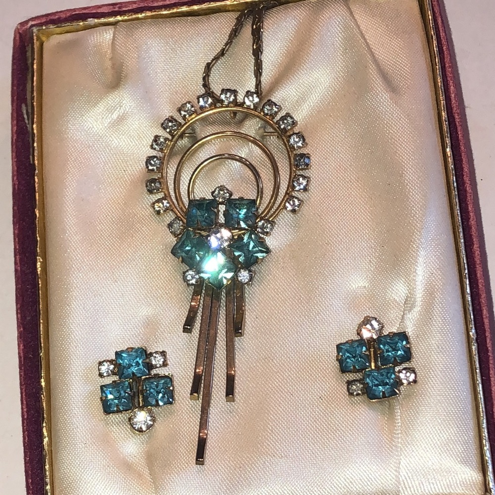 Vintage Teal Crystal Brooch Pendant Necklace & Earring Set